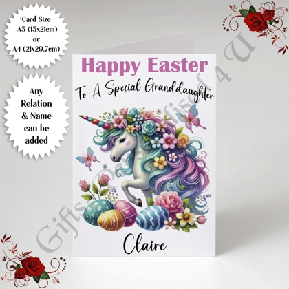 A5 or A4 Personalised Card - Happy Easter - Unicorn - Any Relation & Name - D.4