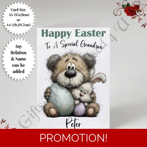 A5 or A4 Personalised Card - Happy Easter - Bear - Any Relation & Name - D.4