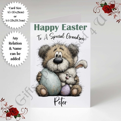 A5 or A4 Personalised Card - Happy Easter - Bear - Any Relation & Name - D.4