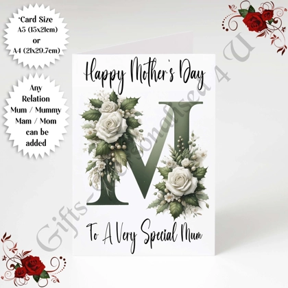 A5 or A4 Personalised Greeting Card - Initial - Happy Mother's Day - Mum Mummy etc - D.4