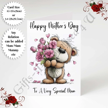 A5 or A4 Personalised Greeting Card - Cute Bear - Happy Mother's Day - Mum Mummy etc - D.4