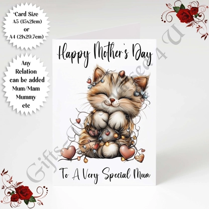 A5 or A4 Personalised Greeting Card - Cute Cat - Happy Mother's Day - Mum Mummy etc - D.4