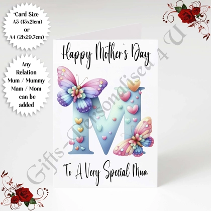 A5 or A4 Personalised Greeting Card - Initial - Happy Mother's Day - Mum Mummy etc - D.50