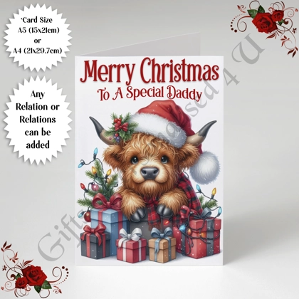 A5 or A4 Personalised Card - Merry Christmas - Highland Cow - Any Relations - D.511