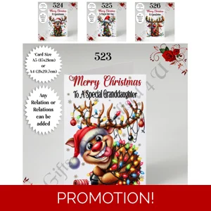 A5 or A4 Personalised Card - Merry Christmas - Reindeer - Any Relations - D.523-526