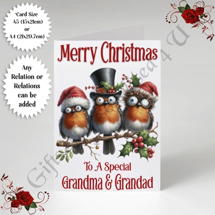 A5 or A4 Personalised Card - Merry Christmas - Robins - Any Relations - D.532 A5 or A4 Personalised Card - Merry Christmas - Robins - Any Relations - D.532