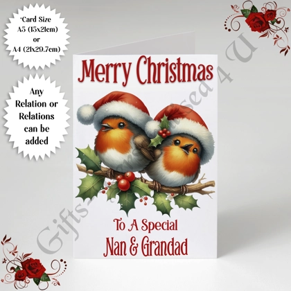 A5 or A4 Personalised Card - Merry Christmas - Robins - Any Relations - D.535 A5 or A4 Personalised Card - Merry Christmas - Robins - Any Relations - D.535