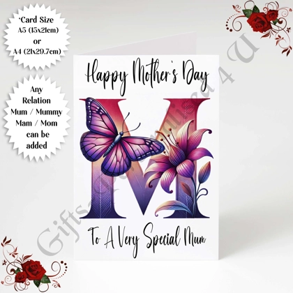 A5 or A4 Personalised Greeting Card - Initial - Happy Mother's Day - Mum Mummy etc - D.53