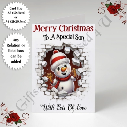 A5 or A4 Personalised Card - Merry Christmas - Snowman - Any Relations - D.545 A5 or A4 Personalised Card - Merry Christmas - Snowman - Any Relations - D.545