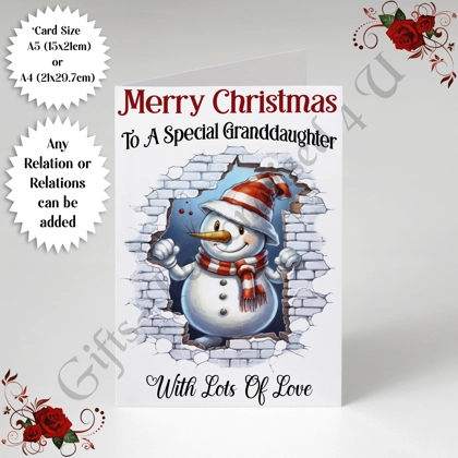 A5 or A4 Personalised Card - Merry Christmas - Snowman - Any Relations - D.547 A5 or A4 Personalised Card - Merry Christmas - Snowman - Any Relations - D.547