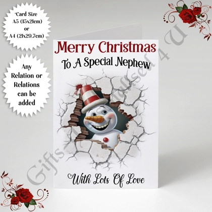 A5 or A4 Personalised Card - Merry Christmas - Snowman - Any Relations - D.548