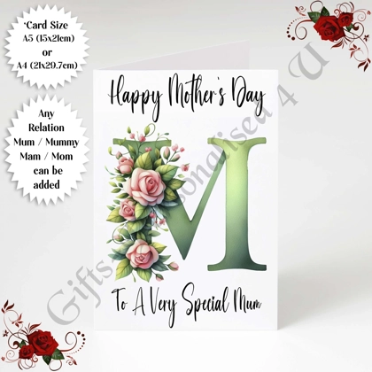 A5 or A4 Personalised Greeting Card - Initial - Happy Mother's Day - Mum Mummy etc - D.54