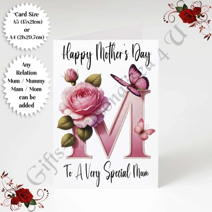 A5 or A4 Personalised Greeting Card - Initial - Happy Mother's Day - Mum Mummy etc - D.57