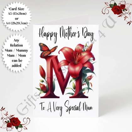 A5 or A4 Personalised Greeting Card - Initial - Happy Mother's Day - Mum Mummy etc - D.59