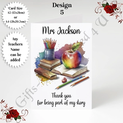A5 or A4 Personalised Greeting Card - Teacher - Thank You / Leaving - D.5 A5 or A4 Personalised Greeting Card - Teacher - Thank You / Leaving - D.5