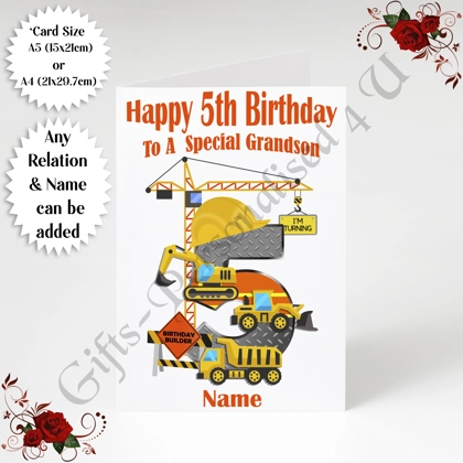 A5 or A4 Personalised Greeting Card - Construction - Happy 5th Birthday - Any Relation & Name - D.1 A5 or A4 Personalised Greeting Card - Construction - Happy 5th Birthday - Any Relation & Name - D.1