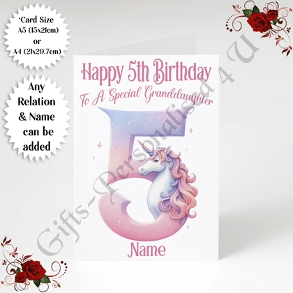 A5 or A4 Personalised Greeting Card - Unicorn - Happy 5th Birthday - Any Relation & Name - D.3 A5 or A4 Personalised Greeting Card - Unicorn - Happy 5th Birthday - Any Relation & Name - D.3