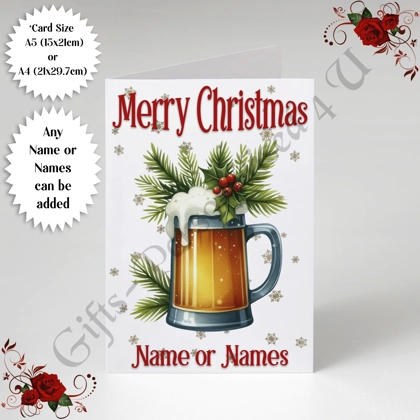 A5 or A4 Personalised Card - Merry Christmas - Beer - Name or Names - D.5 A5 or A4 Personalised Card - Merry Christmas - Beer - Name or Names - D.5