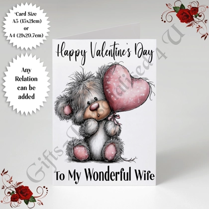A5 or A4 Personalised Card - Happy Valentine's Day - Cute Bear - Any Relation - D.5