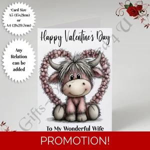 A5 or A4 Personalised Card - Happy Valentine's Day - Highland Cow - Any Relation - D.5