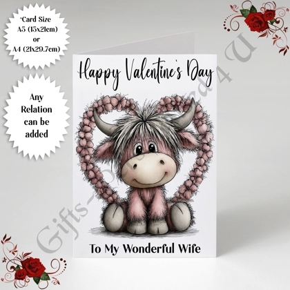 A5 or A4 Personalised Card - Happy Valentine's Day - Highland Cow - Any Relation - D.5
