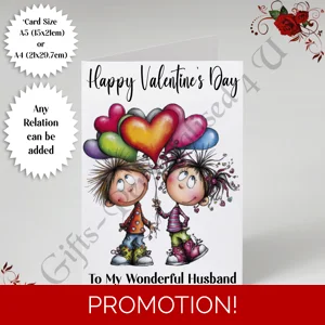 A5 or A4 Personalised Card - Happy Valentine's Day - Characters - Wife Husband etc - D.5