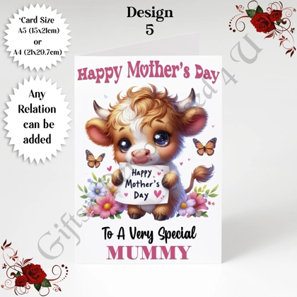 A5 or A4 Personalised Greeting Card - Highland Cow - Happy Mother's Day - Mum Mummy etc - D.5