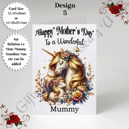 A5 or A4 Personalised Greeting Card - Unicorns - Happy Mother's Day - Mum Mummy Grandma etc - D.5