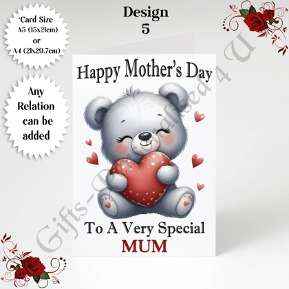 A5 or A4 Personalised Greeting Card - Bear & Hearts - Happy Mother's Day - Mum Mummy etc - D.5