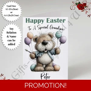 A5 or A4 Personalised Card - Happy Easter - Bear - Any Relation & Name - D.5