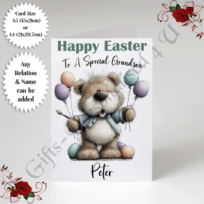 A5 or A4 Personalised Card - Happy Easter - Bear - Any Relation & Name - D.5
