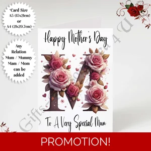 A5 or A4 Personalised Greeting Card - Initial - Happy Mother's Day - Mum Mummy etc - D.5