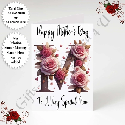 A5 or A4 Personalised Greeting Card - Initial - Happy Mother's Day - Mum Mummy etc - D.5