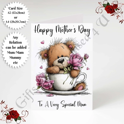 A5 or A4 Personalised Greeting Card - Cute Bear - Happy Mother's Day - Mum Mummy etc - D.5