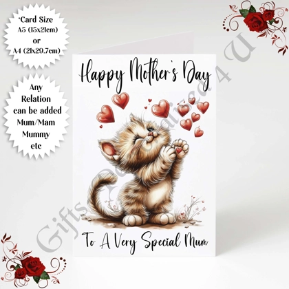 A5 or A4 Personalised Greeting Card - Cute Cat - Happy Mother's Day - Mum Mummy etc - D.5