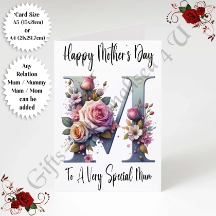 A5 or A4 Personalised Greeting Card - Initial - Happy Mother's Day - Mum Mummy etc - D.60