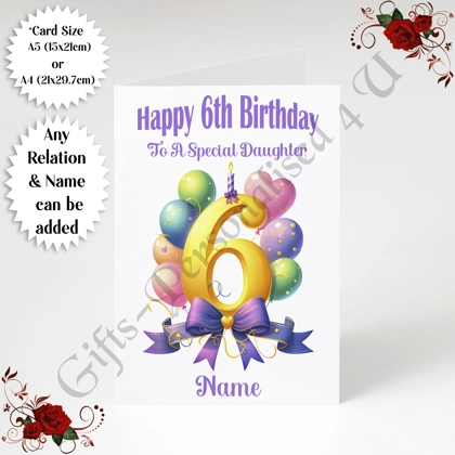 A5 or A4 Personalised Greeting Card - Balloons - Happy 6th Birthday - Any Relation & Name - D.1 A5 or A4 Personalised Greeting Card - Balloons - Happy 6th Birthday - Any Relation & Name - D.1