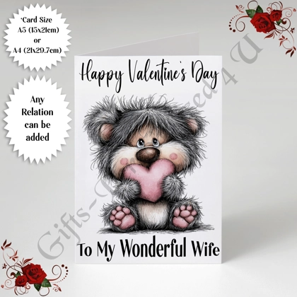 A5 or A4 Personalised Card - Happy Valentine's Day - Cute Bear - Any Relation - D.6