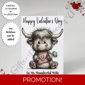 A5 or A4 Personalised Card - Happy Valentine's Day - Highland Cow - Any Relation - D.6
