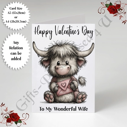 A5 or A4 Personalised Card - Happy Valentine's Day - Highland Cow - Any Relation - D.6