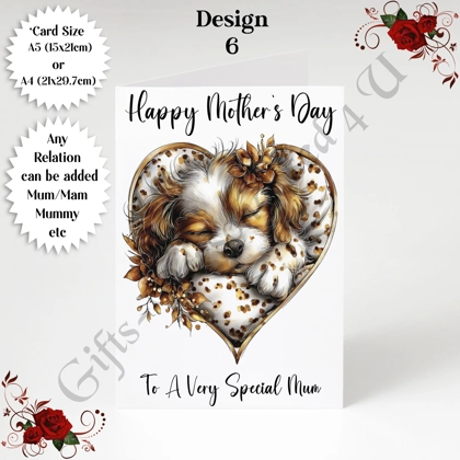 A5 or A4 Personalised Greeting Card - Dog & Hearts - Happy Mother's Day - Mum Mummy etc - D.6