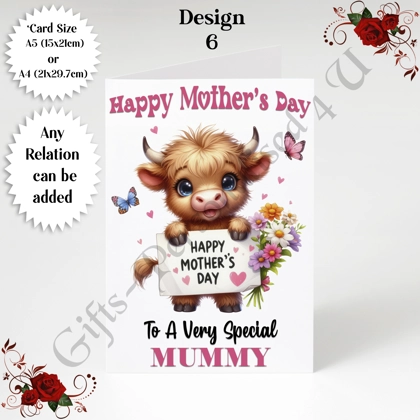 A5 or A4 Personalised Greeting Card - Highland Cow - Happy Mother's Day - Mum Mummy etc - D.6