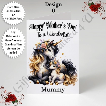 A5 or A4 Personalised Greeting Card - Unicorns - Happy Mother's Day - Mum Mummy Grandma etc - D.6