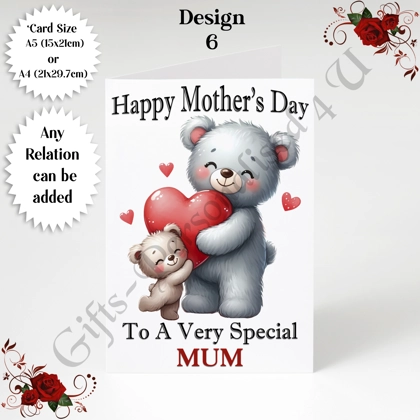 A5 or A4 Personalised Greeting Card - Bear & Hearts - Happy Mother's Day - Mum Mummy etc - D.6