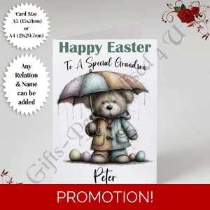 A5 or A4 Personalised Card - Happy Easter - Bear - Any Relation & Name - D.6