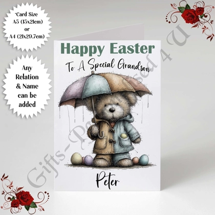 A5 or A4 Personalised Card - Happy Easter - Bear - Any Relation & Name - D.6