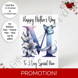 A5 or A4 Personalised Greeting Card - Initial - Happy Mother's Day - Mum Mummy etc - D.6
