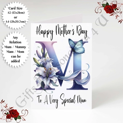 A5 or A4 Personalised Greeting Card - Initial - Happy Mother's Day - Mum Mummy etc - D.6