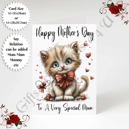 A5 or A4 Personalised Greeting Card - Cute Cat - Happy Mother's Day - Mum Mummy etc - D.6
