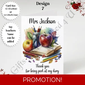 A5 or A4 Personalised Greeting Card - Teacher - Thank You / Leaving - D.7